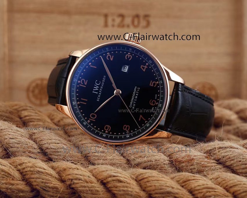 Copy IWC Portuguese Black Face Rose Gold Automatic watch